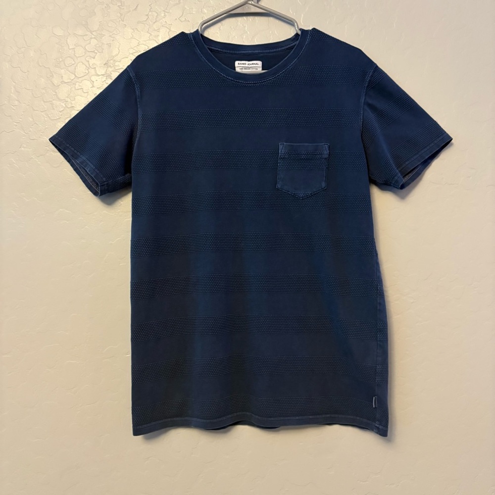 Banks Journal navy blue textured stripe organic cotton short sleeve shirt small